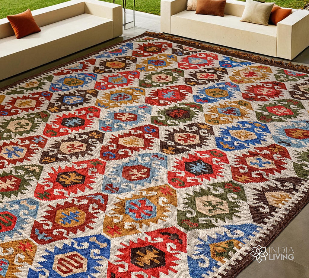 Handwoven Aztec Kilim Rug: Multicolored Southwest Patio Decor