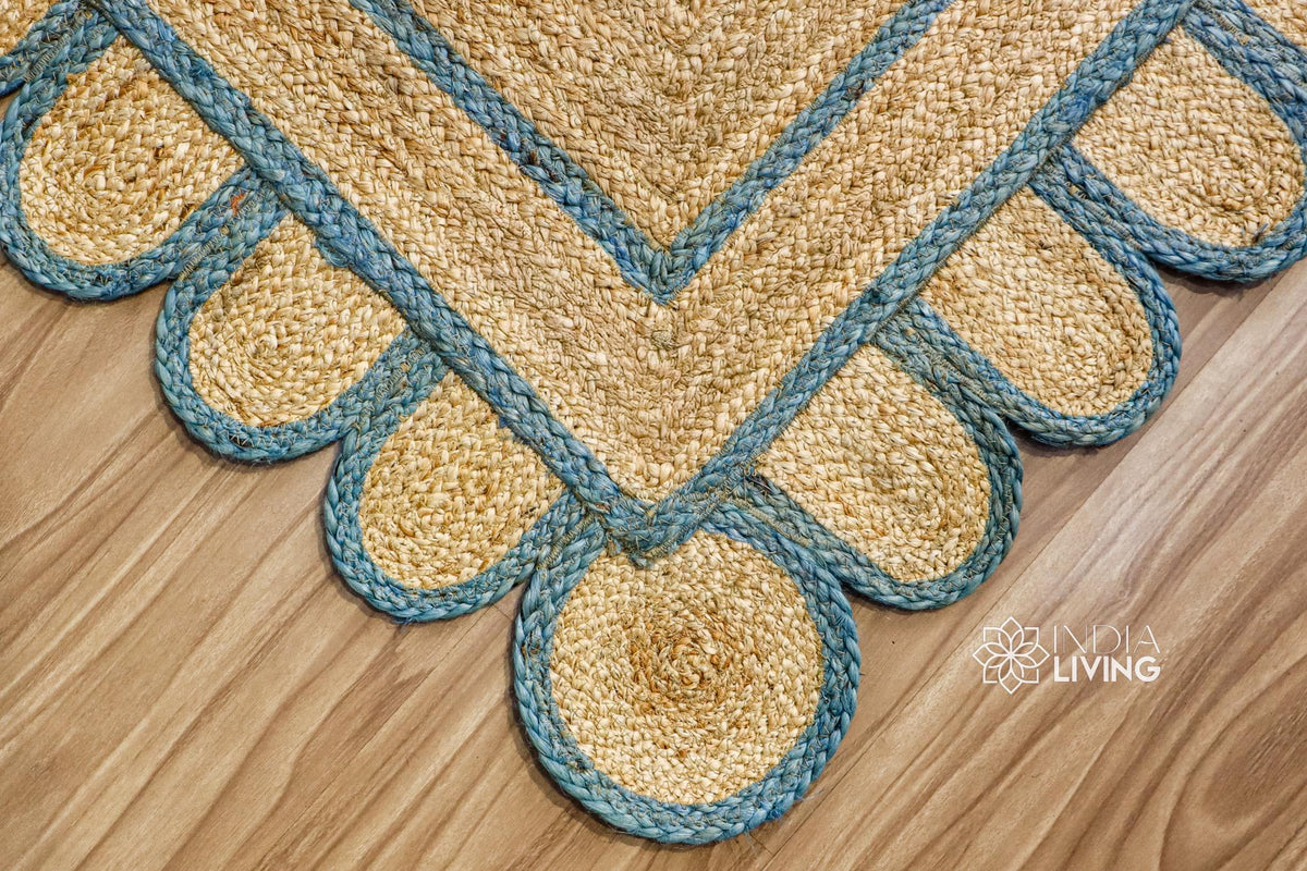 Aqua blue jute rug styled in a living room
