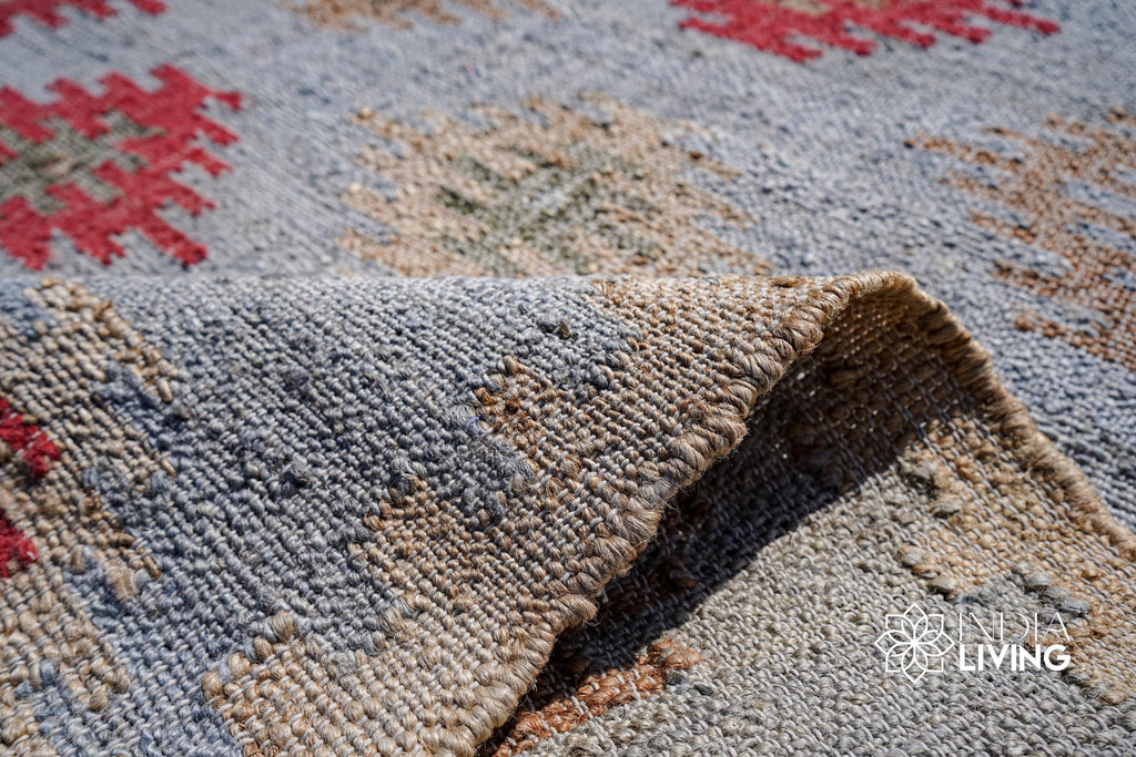 Light Blue Aztec Style Flat weave Jute Rug, Handwoven Natural Eco-Friendly sustainable Bohemian Home decor, Custom Sizes Available