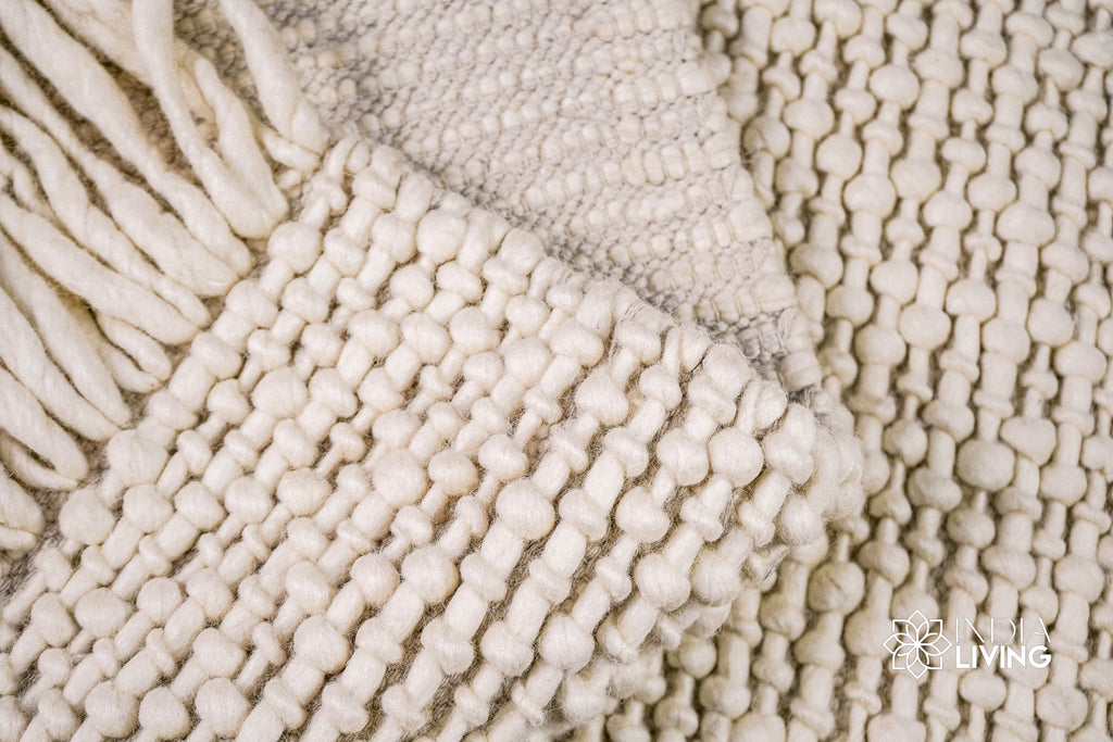 Natural Ivory Chunky Basket weave Style Fringed boho wool rug, Handwoven Modern decor New Zealand wool carpet , Custom made in all sizes