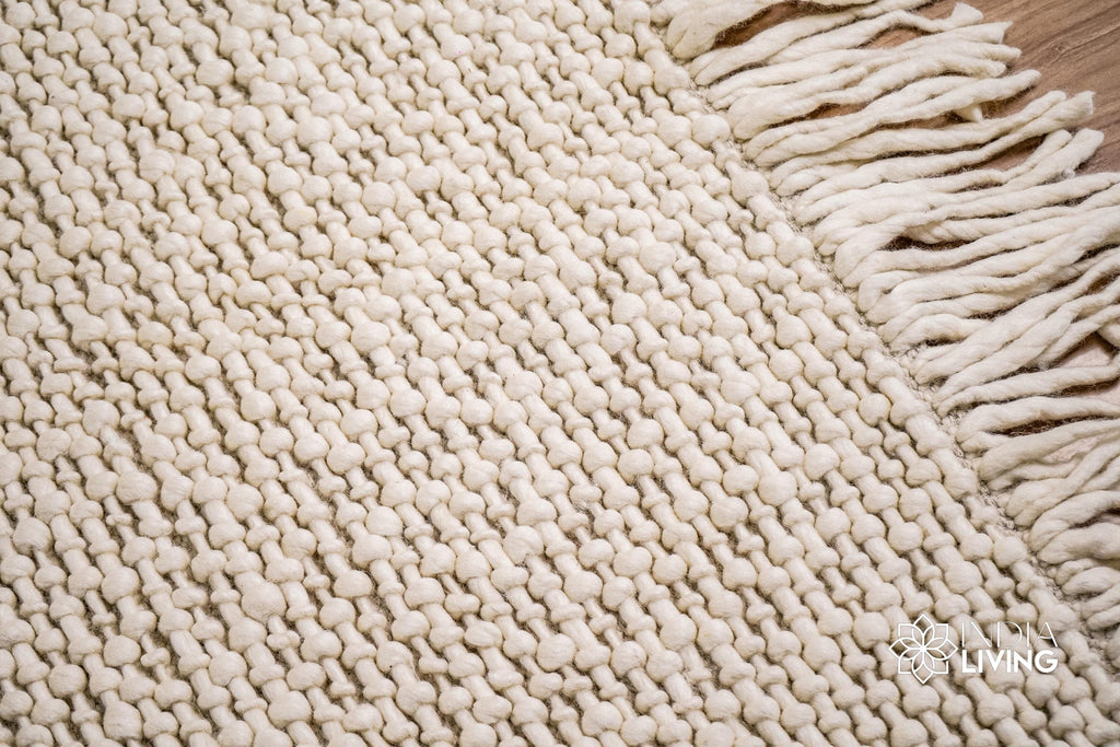 Natural Ivory Chunky Basket weave Style Fringed boho wool rug, Handwoven Modern decor New Zealand wool carpet , Custom made in all sizes