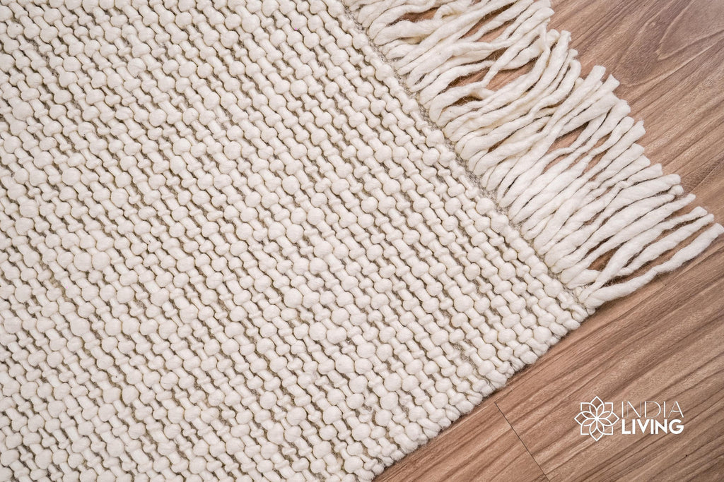 Natural Ivory Chunky Basket weave Style Fringed boho wool rug, Handwoven Modern decor New Zealand wool carpet , Custom made in all sizes