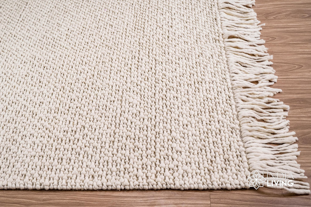 Natural Ivory Chunky Basket weave Style Fringed boho wool rug, Handwoven Modern decor New Zealand wool carpet , Custom made in all sizes