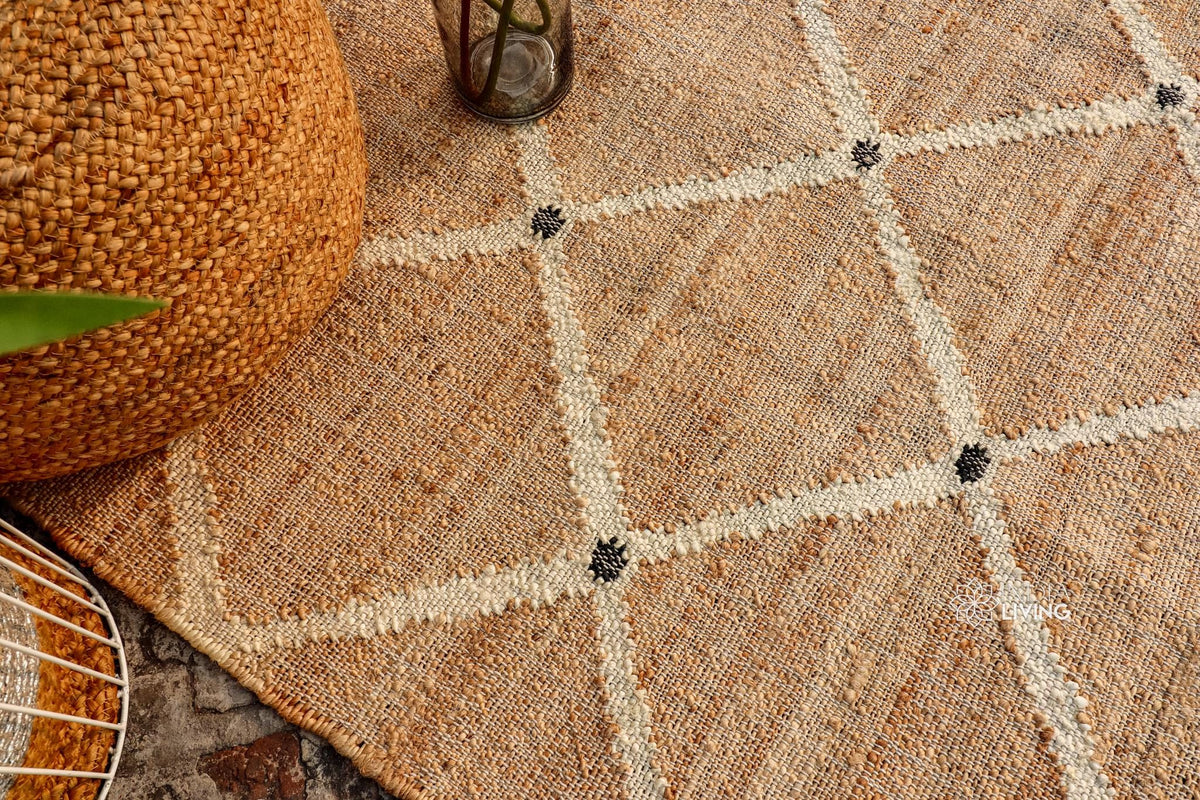 Jute rug corner detail showing latticework pattern