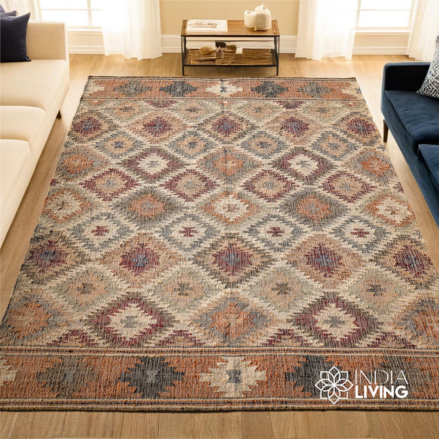 Colourful boho jute rug styled in a living room