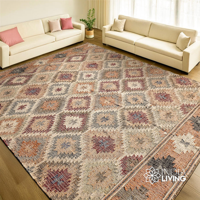 Multi tribal Aztec jute kilim rug, flat lay view