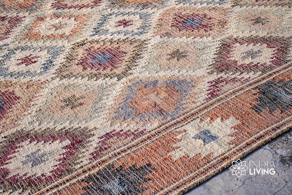 Multi Tribal Aztec style Natural Boho Flat woven colourful Jute Kilim rug, Moroccan decor, custom made in all sizes