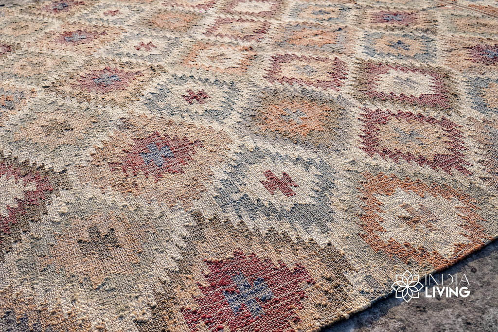 Multi Tribal Aztec style Natural Boho Flat woven colourful Jute Kilim rug, Moroccan decor, custom made in all sizes