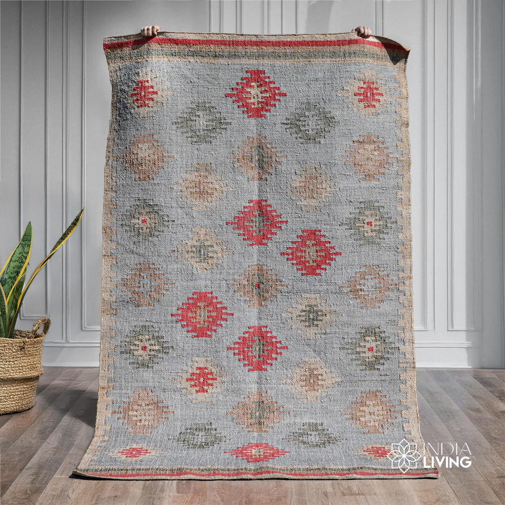 Light Blue Aztec Style Flat weave Jute Rug, Handwoven Natural Eco-Friendly sustainable Bohemian Home decor, Custom Sizes Available