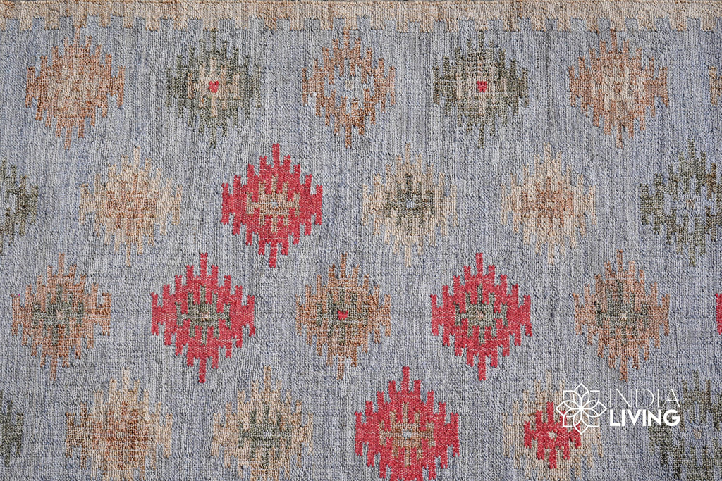 Light Blue Aztec Style Flat weave Jute Rug, Handwoven Natural Eco-Friendly sustainable Bohemian Home decor, Custom Sizes Available