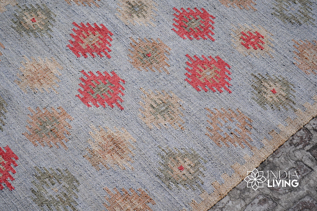 Light Blue Aztec Style Flat weave Jute Rug, Handwoven Natural Eco-Friendly sustainable Bohemian Home decor, Custom Sizes Available