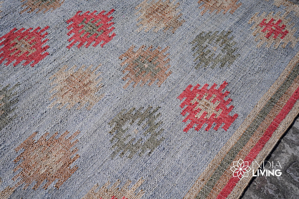 Light Blue Aztec Style Flat weave Jute Rug, Handwoven Natural Eco-Friendly sustainable Bohemian Home decor, Custom Sizes Available