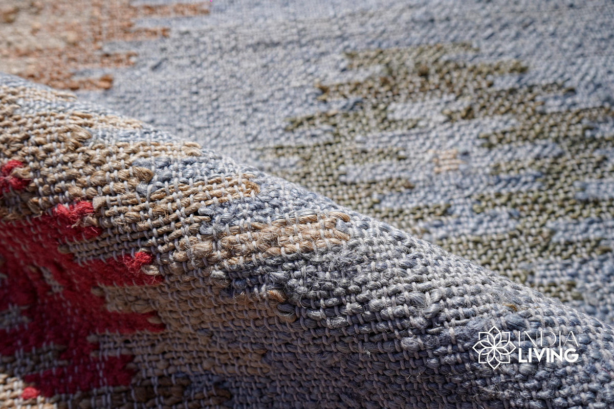 Light blue Aztec jute rug in a yoga room styling