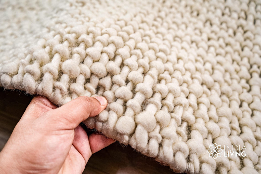 Natural Ivory Chunky Basket weave Style Fringed boho wool rug, Handwoven Modern decor New Zealand wool carpet , Custom made in all sizes