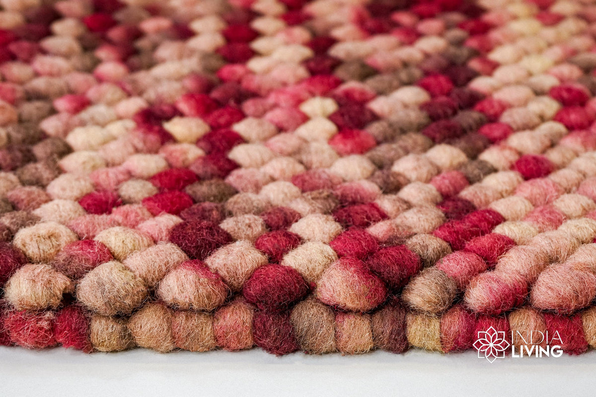 Beige red wool rug full view from above