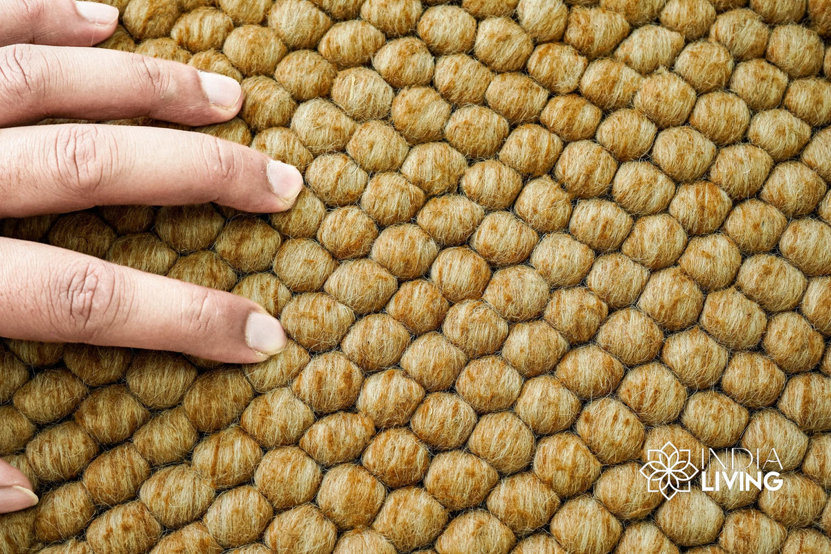 Tan beige wool rug full view from above