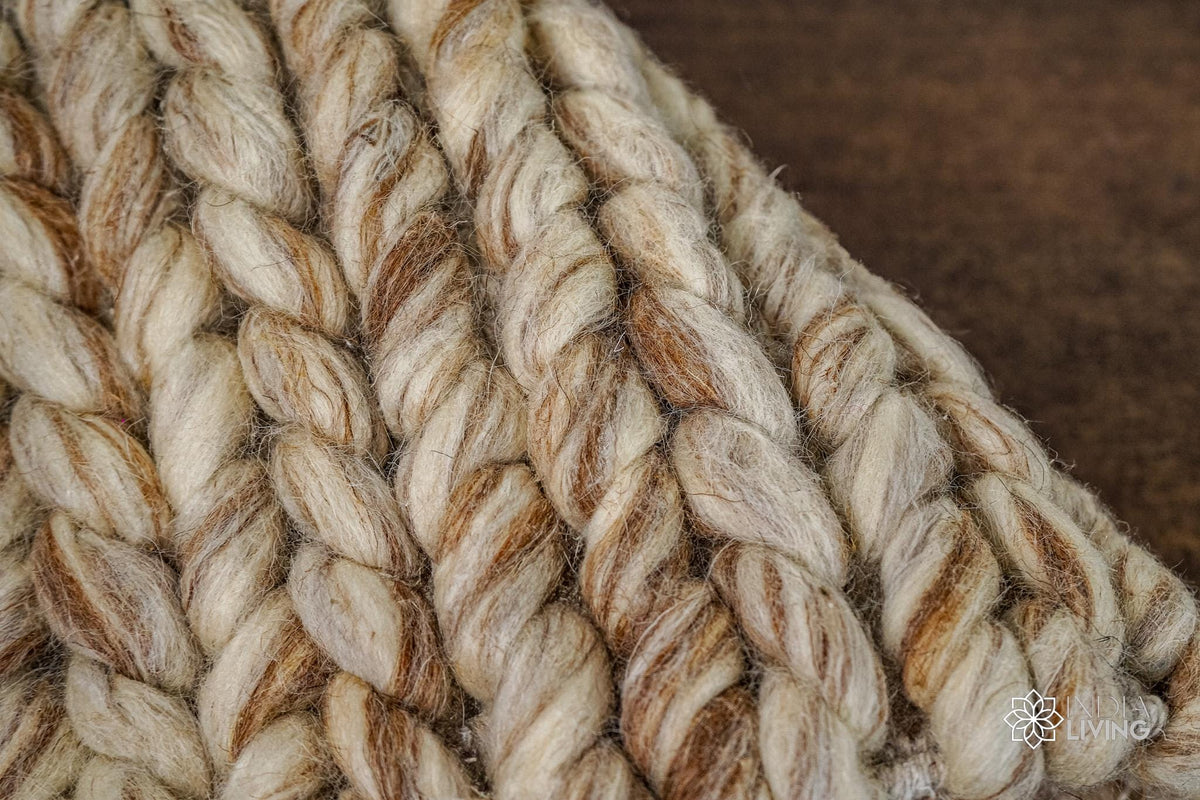 Beige brown braided wool rug styled in a living room