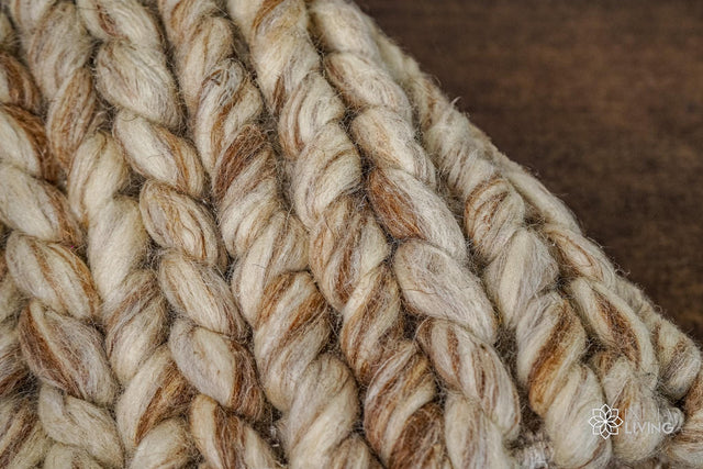 Beige brown braided wool rug styled in a living room