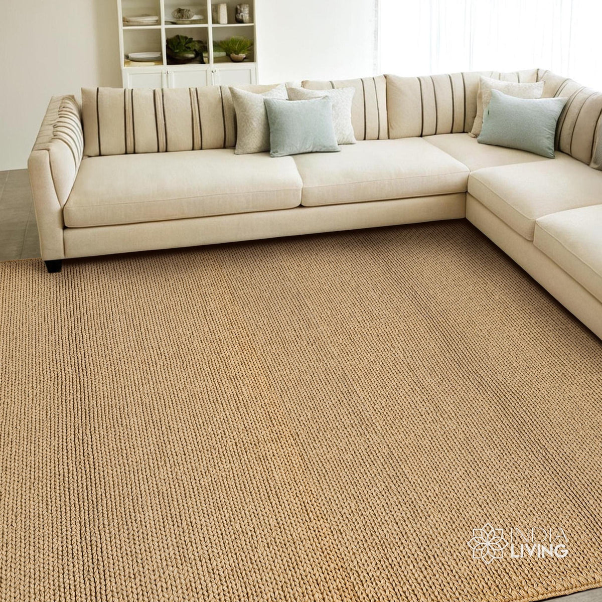Close-up of tan beige wool rug braided knit texture