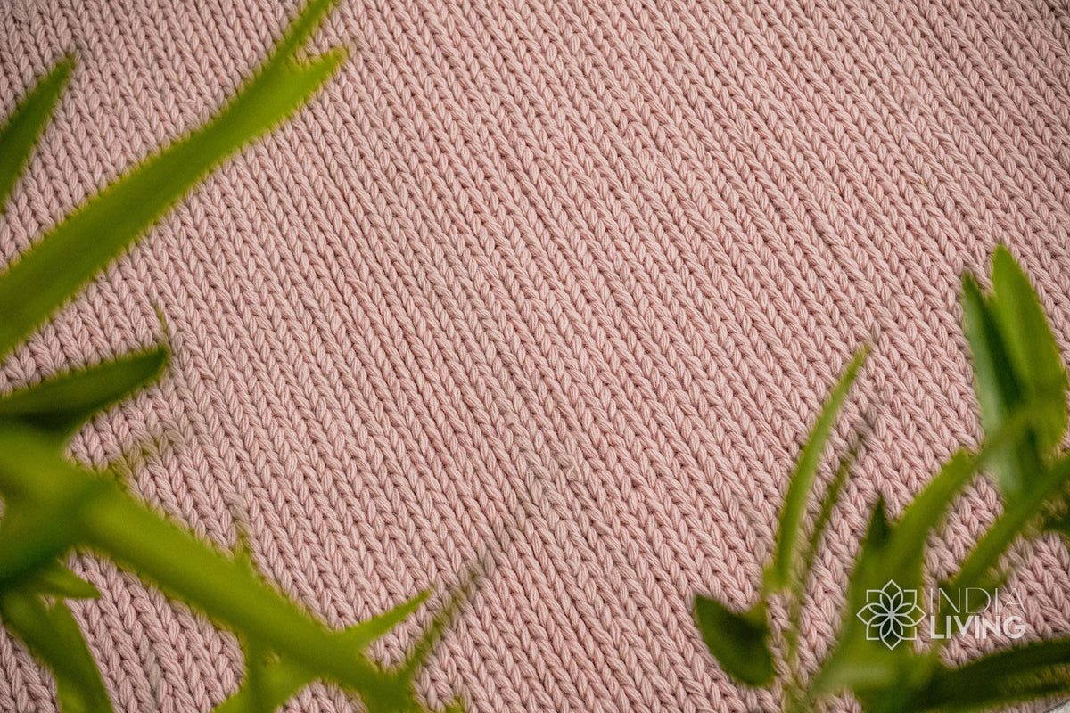 Light pink wool rug styled in a living room