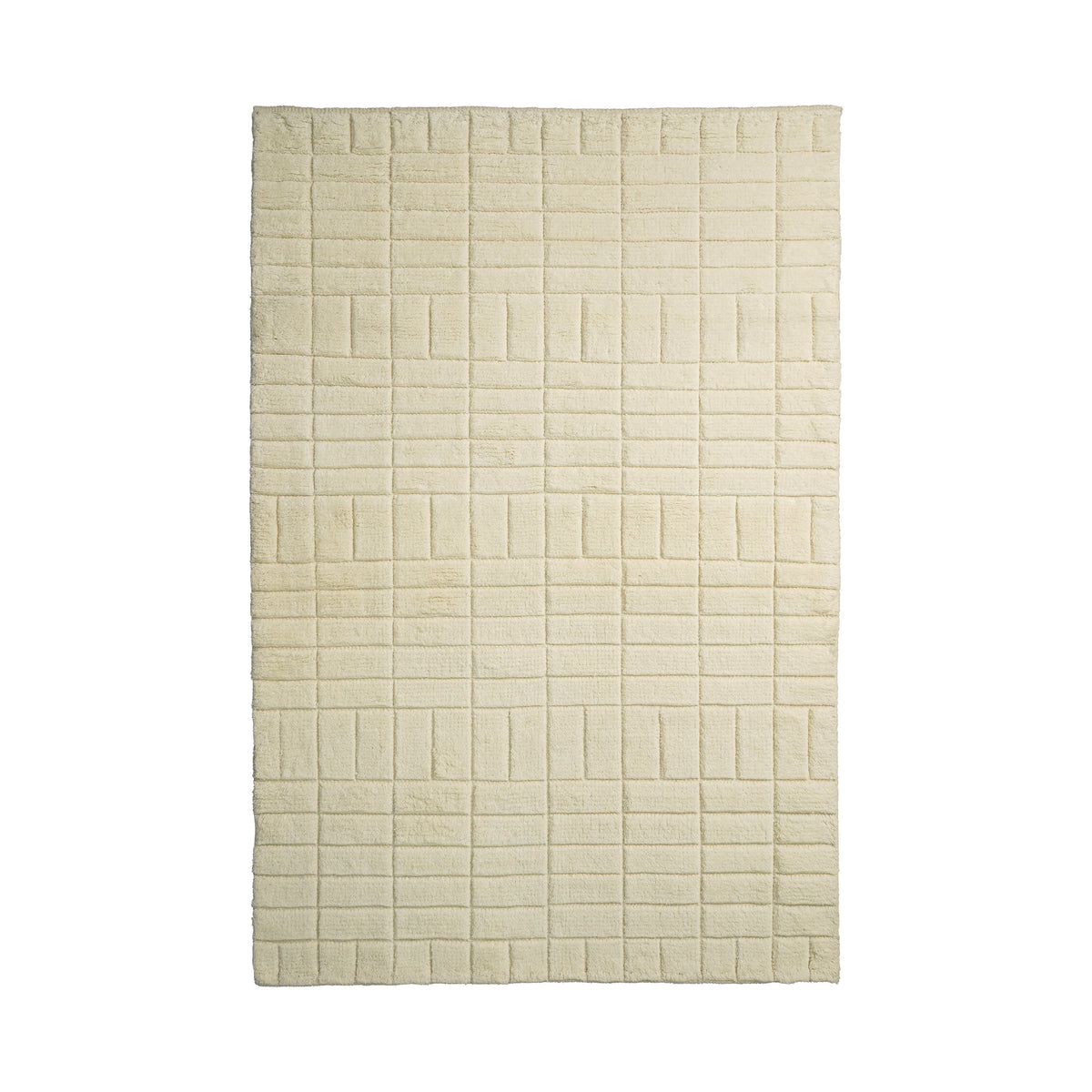 Minimalist ivory wool rug with subtle grid texture, flat view