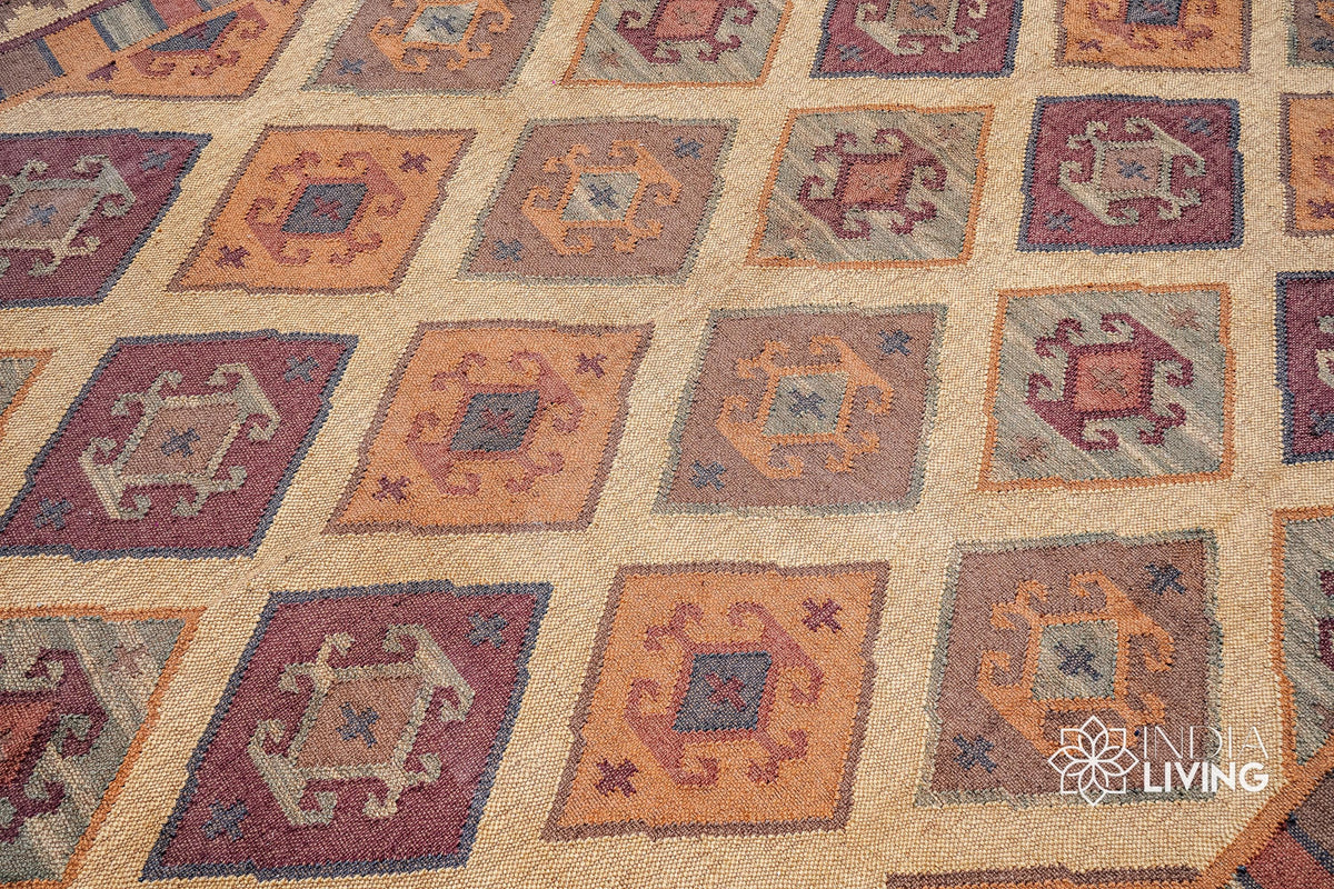 Wool jute kilim rug styled in dining room