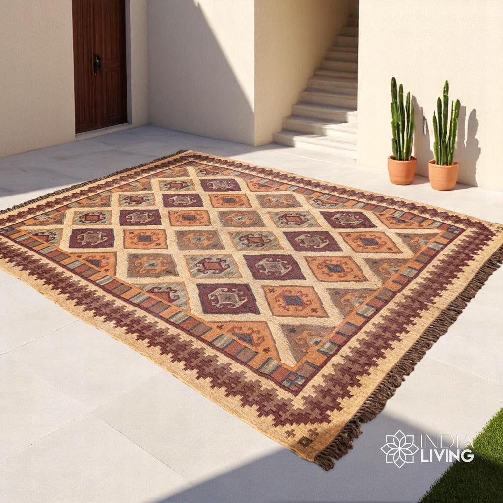 Handmade Wool Jute Rug, Navajo Kilim Rug, Traditional Vintage Rug, Aztec Rug, Beige Rug, SOUTHWESTERN KELIM Runner, Living/Dinning Room