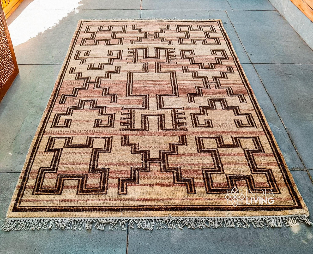 Beige brown abstract hand-knotted wool rug, flat lay view