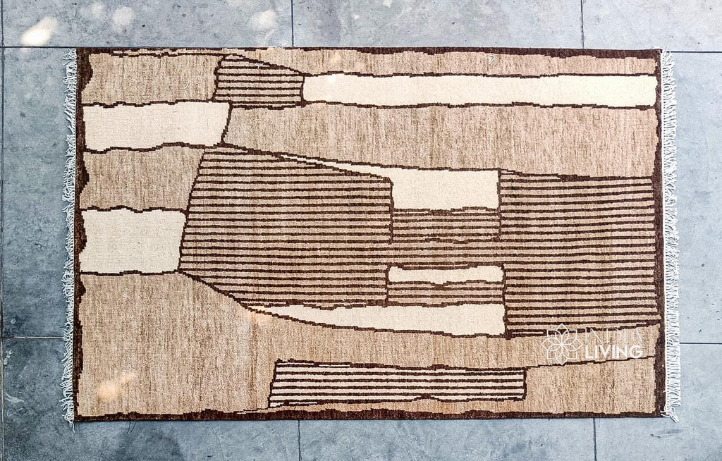 Beige Brown Abstract Moroccan Hand Knotted wool area rug, Bohemian decor custom wool rug, Customization available
