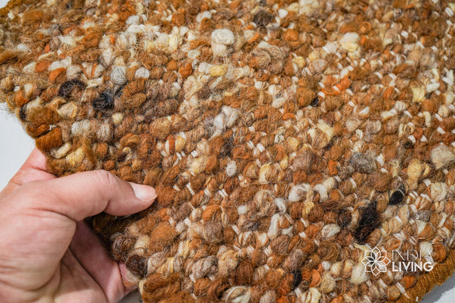 Rust brown wool rug styled in a living room