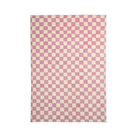 May include: A pink and white checkered rug with a soft, fluffy texture.