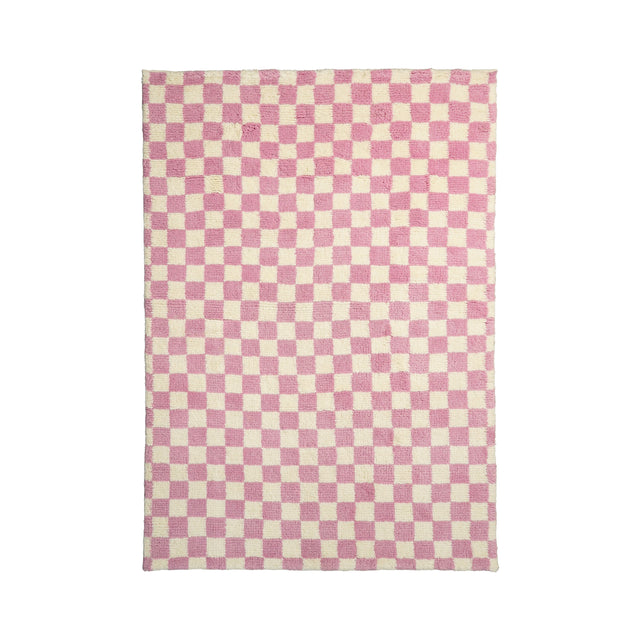 Pink checkered wool rug flat lay