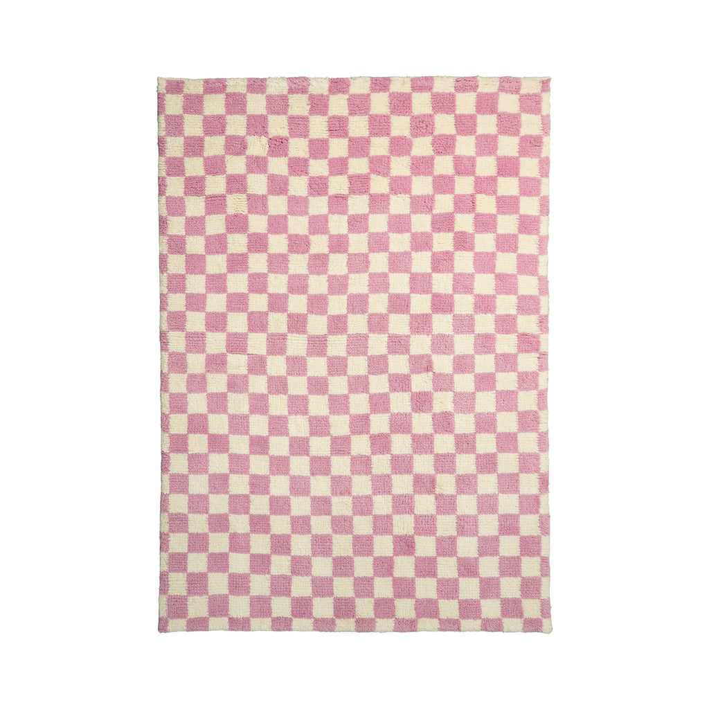 May include: A pink and white checkered rug with a soft, fluffy texture.
