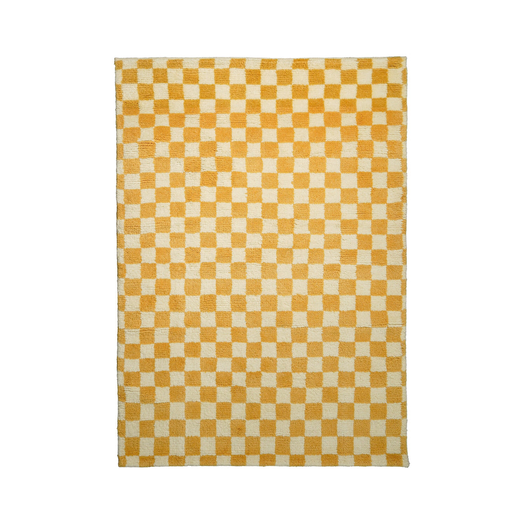 May include: A yellow and white checkered rug with a square pattern.