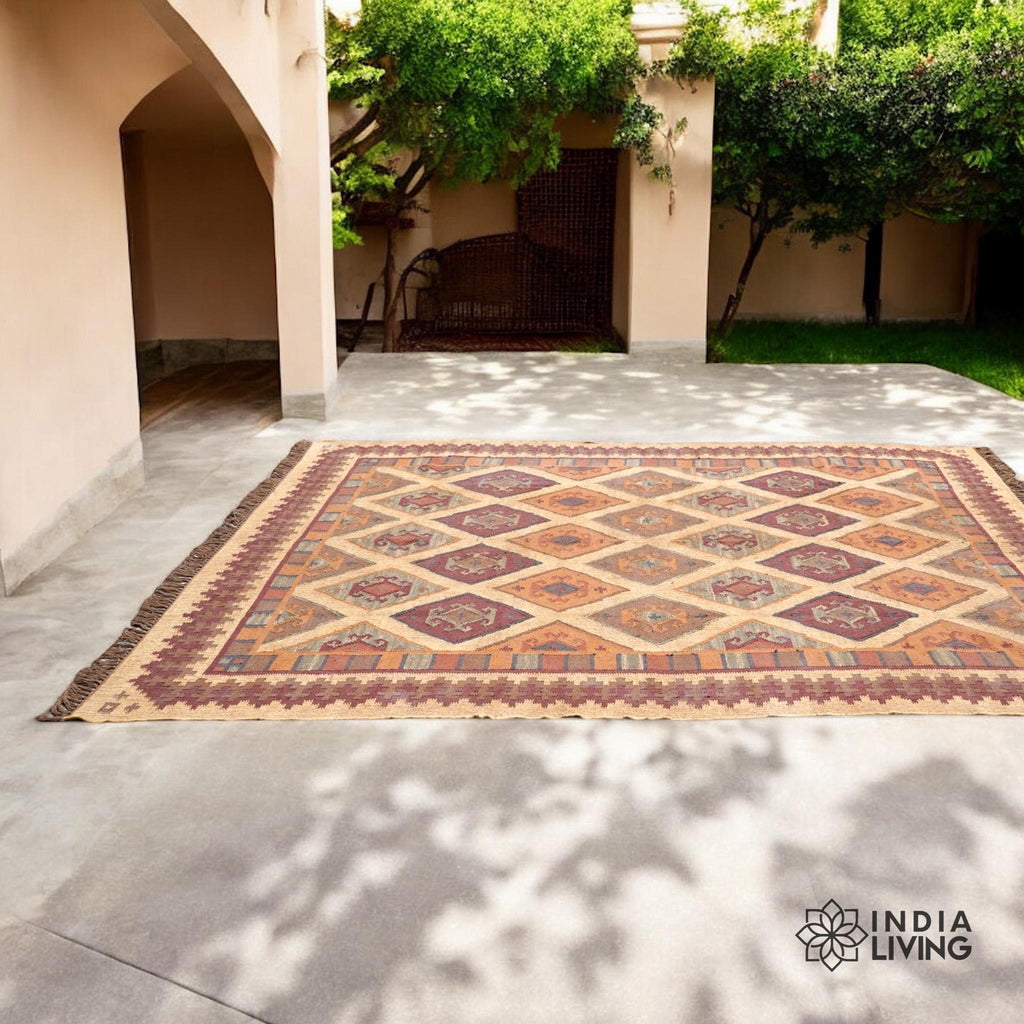 Handmade Wool Jute Rug, Navajo Kilim Rug, Traditional Vintage Rug, Aztec Rug, Beige Rug, SOUTHWESTERN KELIM Runner, Living/Dinning Room