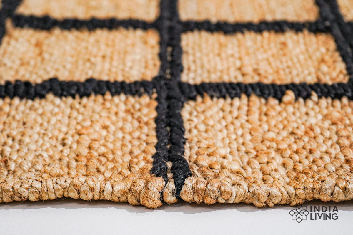 Checkered jute runner rug in a boho-styled room