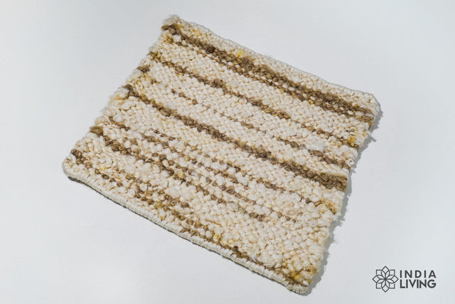 Ivory beige striped textured wool rug, flat lay view