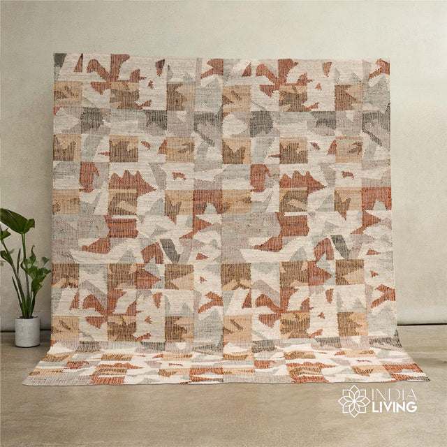 Colourful abstract flatweave jute rug, flat lay view