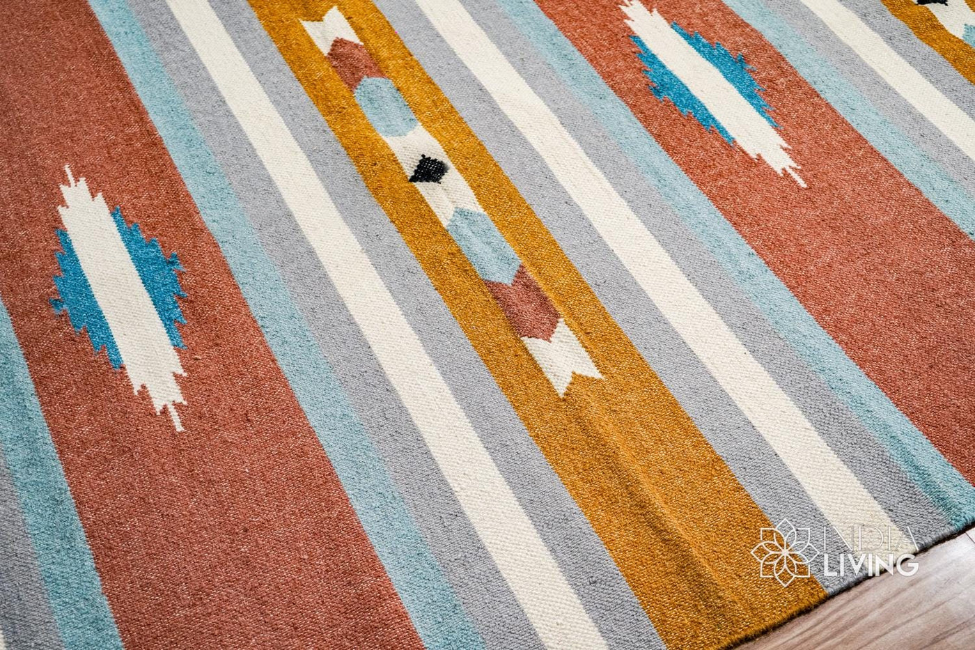 Multi-striped kilim wool rug, full flat view