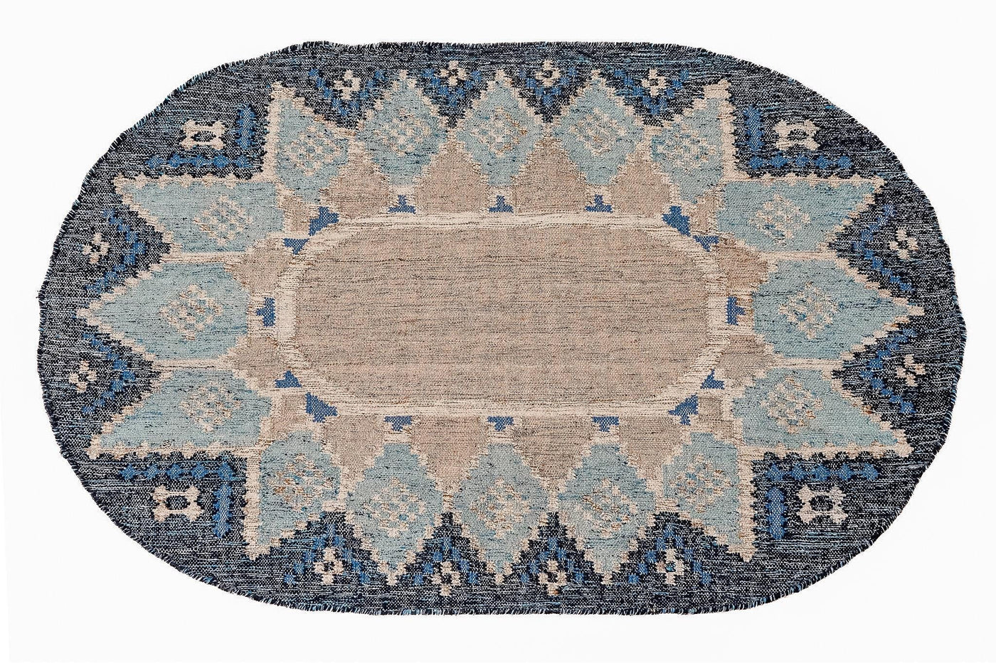 Blue Moroccan oval indoor outdoor rug, flat view
