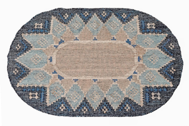 Blue Moroccan oval indoor outdoor rug, flat view