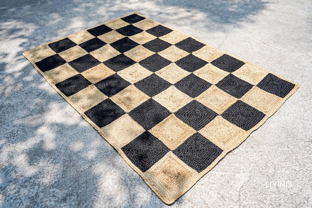 Corner detail of natural jute checkered runner