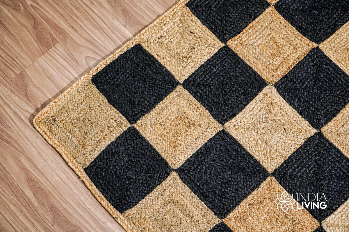 Full view of checkered hand-braided jute runner on floor