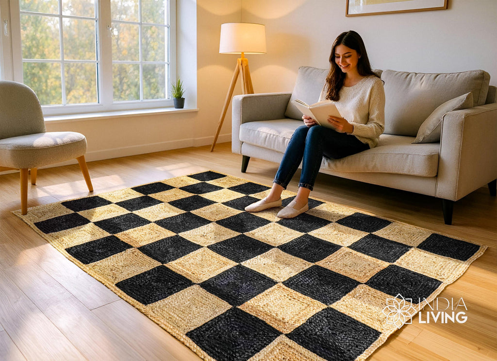 Checkered Natural Hand Braided Custom Jute Rug, Custom Runner rug, Custom made in all sizes