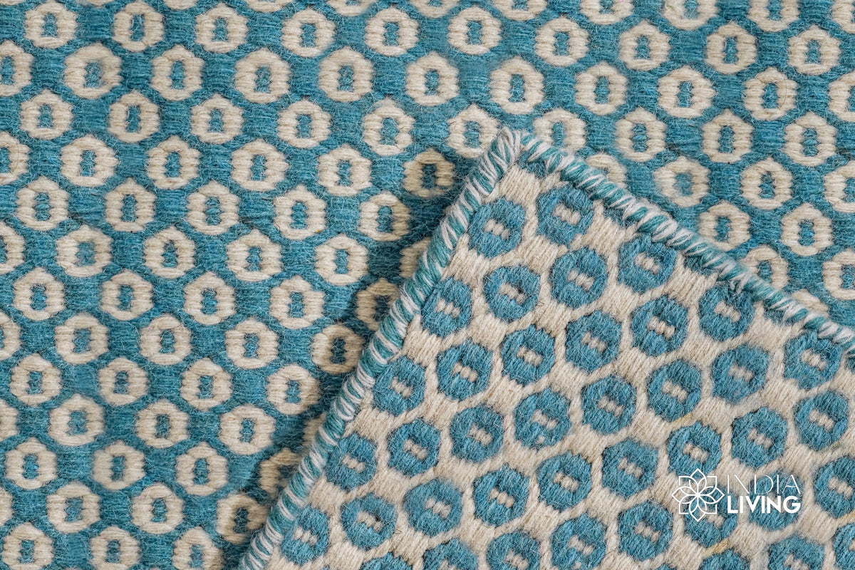 Close-up of turquoise wool rug honeycomb weave texture