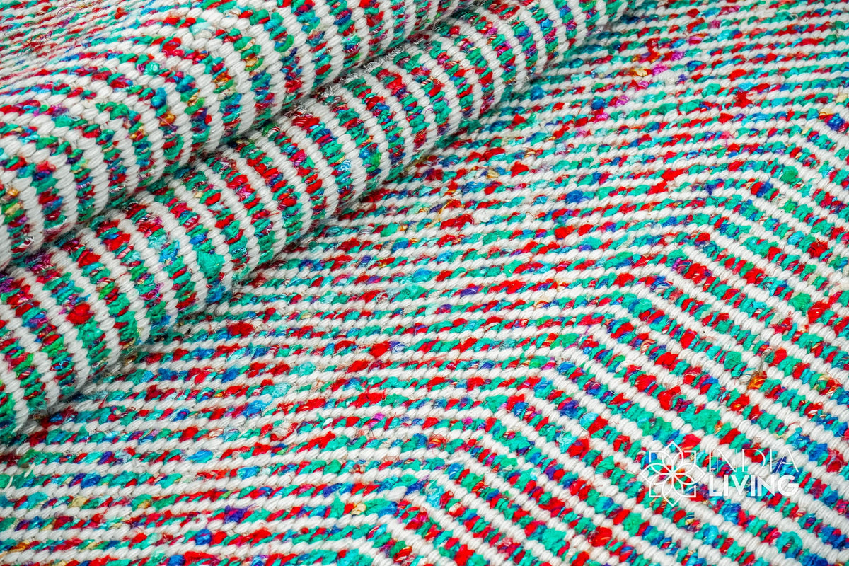 Multi blend teal blue wavy striped wool rug, flat lay view