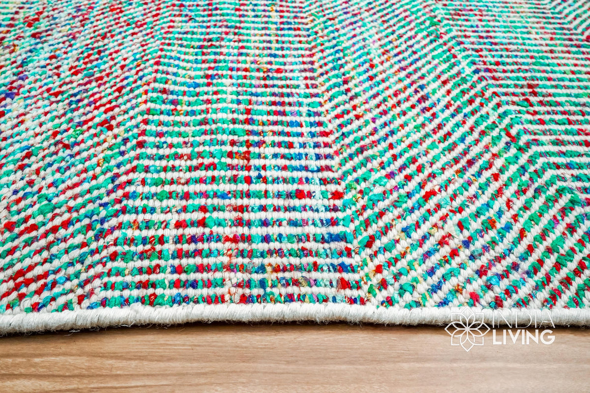 Multi blend teal wool rug texture close-up showing handwoven weave