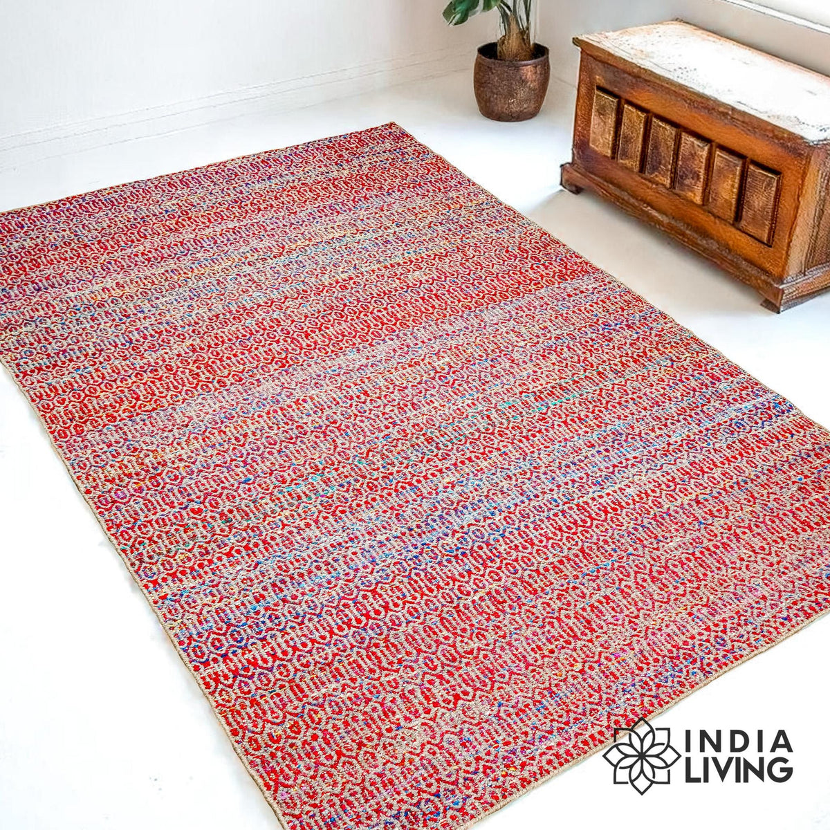 Multi blend red wool rug under a coffee table