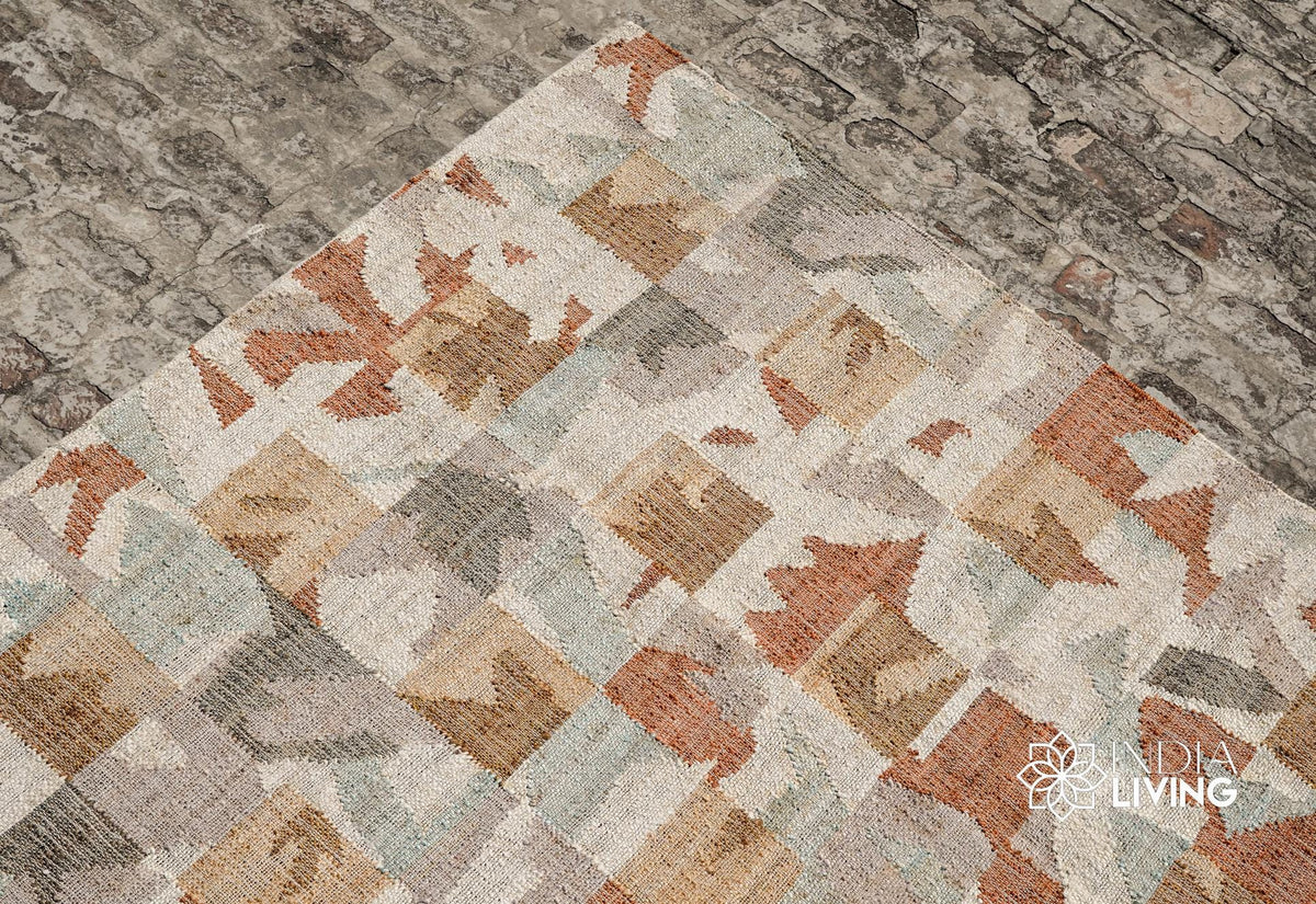 Colourful jute rug styled with furniture in room