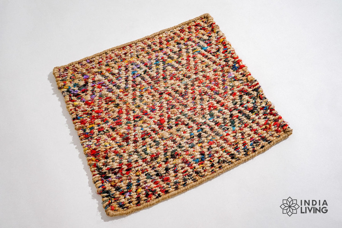 Top-down view of natural multicolour diamond jute rug